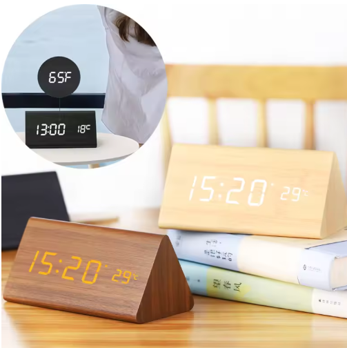 LED Alarm Clock with Wooden Digital Display