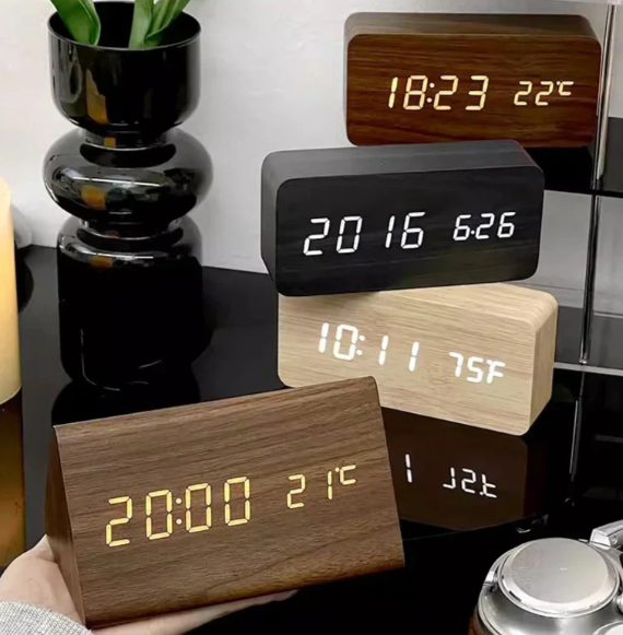 LED Alarm Clock with Wooden Digital Display